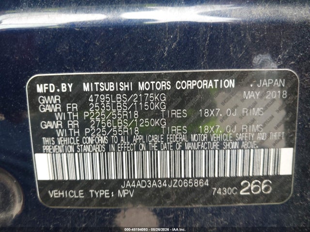 Продажа на аукционе авто 2018 Mitsubishi Outlander Sel, vin: JA4AD3A34JZ065864, номер лота: 45194093