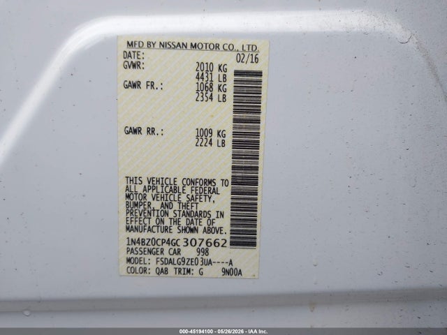 Aukcja sprzedaży 2016 Nissan Leaf Sl, vin: 1N4BZ0CP4GC307662, numer aukcji: 45194100