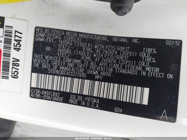 Aukcja sprzedaży 2012 Toyota Sienna Xle V6 8 Passenger, vin: 5TDYK3DC4CS227695, numer aukcji: 45194102