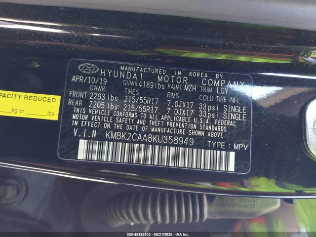 Aukcja sprzedaży 2019 Hyundai Kona Sel, vin: KM8K2CAA8KU358949, numer aukcji: 45194103