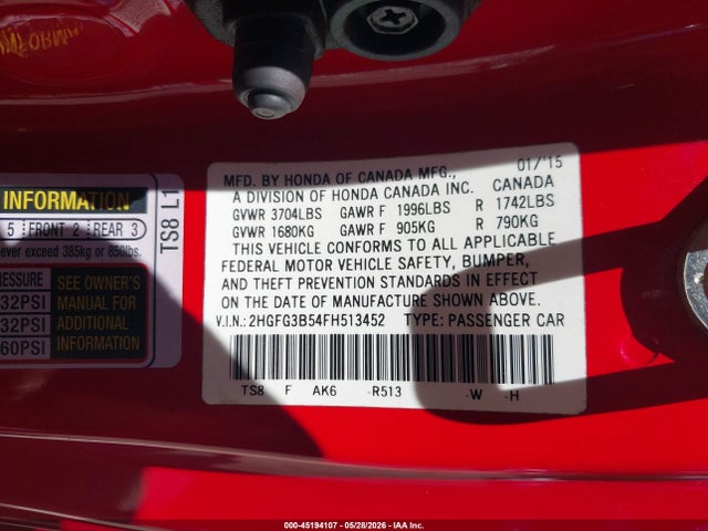 Продажа на аукционе авто 2015 Honda Civic Lx, vin: 2HGFG3B54FH513452, номер лота: 45194107