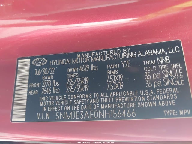 Aukcja sprzedaży 2022 Hyundai Tucson Limited, vin: 5NMJE3AE0NH156466, numer aukcji: 45194112