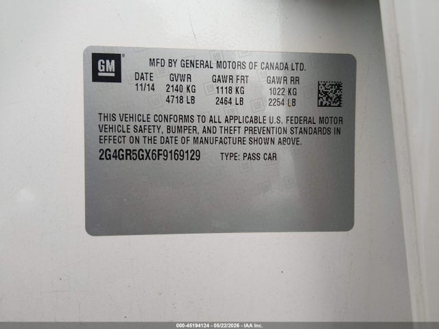 45194124 :رقم المزاد ، 2G4GR5GX6F9169129 vin ، 2015 Buick Regal Turbo Premium Ii مزاد بيع