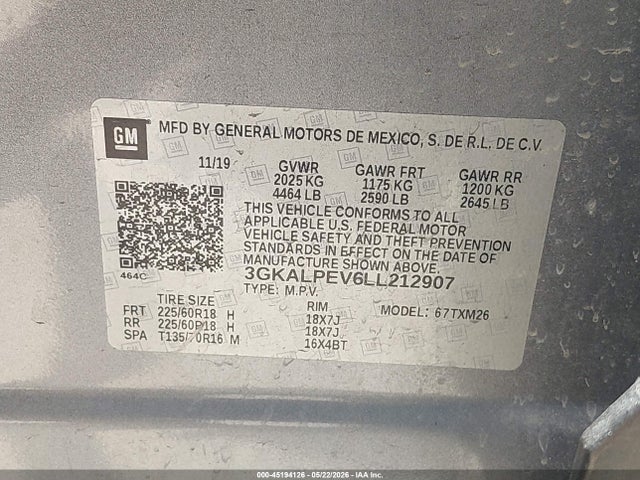 Aukcja sprzedaży 2020 Gmc Terrain Fwd Slt, vin: 3GKALPEV6LL212907, numer aukcji: 45194126