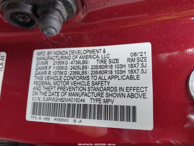 5J6RW2H82MA016044 Honda Cr-v Awd Ex-l