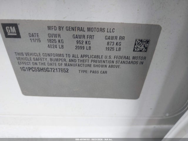 2016 Chevrolet Cruze Limited Ls Auto მანქანა იყიდება აუქციონზე, vin: 1G1PC5SH5G7217852, აუქციონის ნომერი: 45194153