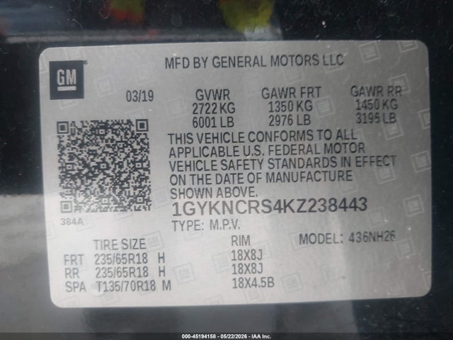 45194158 :رقم المزاد ، 1GYKNCRS4KZ238443 vin ، 2019 Cadillac Xt5 Luxury مزاد بيع
