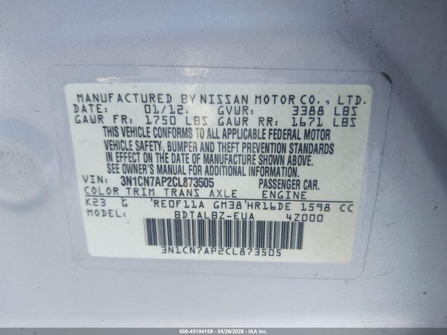 Auction sale of the 2012 Nissan Versa 1.6 Sv, vin: 3N1CN7AP2CL873505, lot number: 45194159