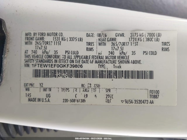 Продаж на аукціоні авто 2016 Ford F150 Supercrew, vin: 1FTEW1EF0GKF39806, номер лоту: 45194164