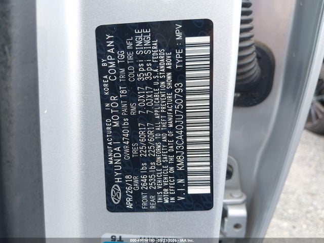 45194190 :رقم المزاد ، KM8J3CA40JU750793 vin ، 2018 Hyundai Tucson Sel مزاد بيع