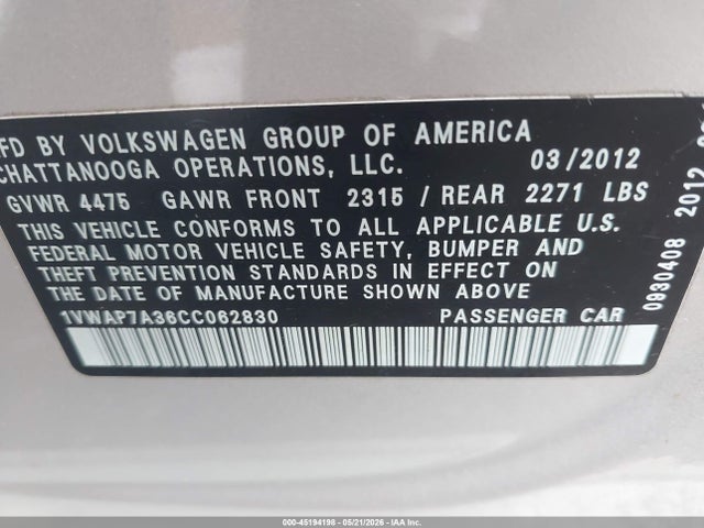 Aukcja sprzedaży 2012 Volkswagen Passat 2.5l S, vin: 1VWAP7A36CC062830, numer aukcji: 45194198