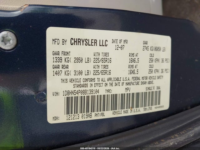 2008 Dodge Grand Caravan Sxt მანქანა იყიდება აუქციონზე, vin: 1D8HN54P08B139104, აუქციონის ნომერი: 45194218