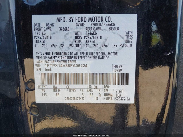 Продаж на аукціоні авто 2008 Ford F-150 Fx4/lariat/xl/xlt, vin: 1FTPX14V88FA06224, номер лоту: 45194222