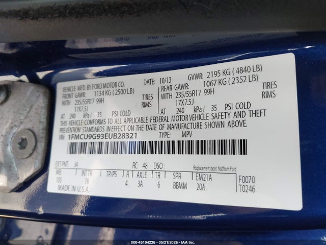 Продаж на аукціоні авто 2014 Ford Escape Se, vin: 1FMCU9G93EUB28321, номер лоту: 45194226