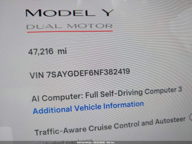 Продаж на аукціоні авто 2022 Tesla Model Y Performance Dual Motor All-wheel Drive, vin: 7SAYGDEF6NF382419, номер лоту: 45194229
