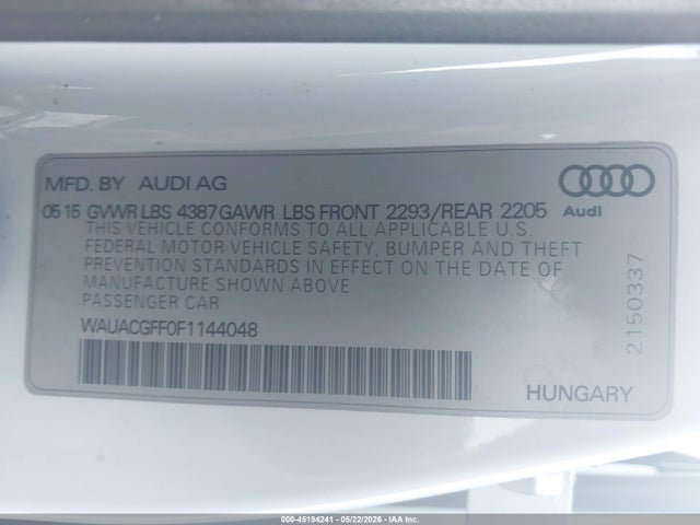 2015 Audi A3 1.8t Premium მანქანა იყიდება აუქციონზე, vin: WAUACGFF0F1144048, აუქციონის ნომერი: 45194241