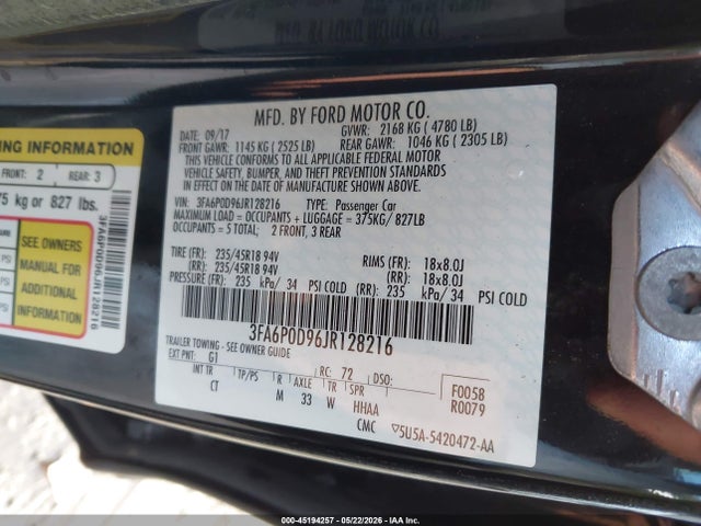 Продаж на аукціоні авто 2018 Ford Fusion Titanium, vin: 3FA6P0D96JR128216, номер лоту: 45194257