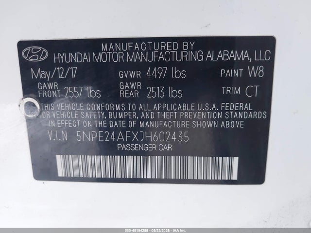 Aukcja sprzedaży 2018 Hyundai Sonata Se, vin: 5NPE24AFXJH602435, numer aukcji: 45194258