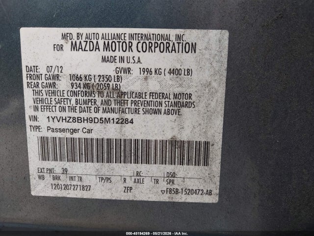 Aukcja sprzedaży 2013 Mazda Mazda6 I Sport, vin: 1YVHZ8BH9D5M12284, numer aukcji: 45194269