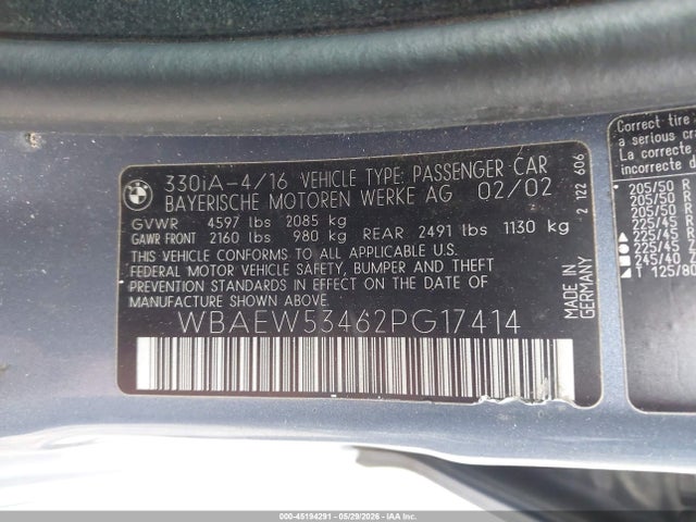 Продажа на аукционе авто 2002 Bmw 330xi, vin: WBAEW53462PG17414, номер лота: 45194291