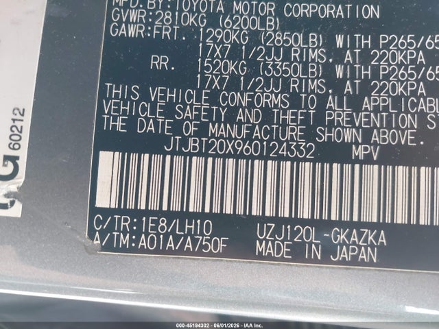 Aukcja sprzedaży 2006 Lexus Gx 470, vin: JTJBT20X960124332, numer aukcji: 45194302
