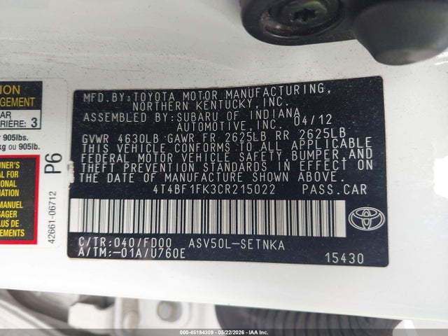 45194309 :رقم المزاد ، 4T4BF1FK3CR215022 vin ، 2012 Toyota Camry Le مزاد بيع