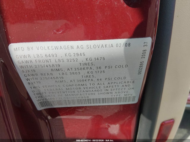 Продаж на аукціоні авто 2008 Volkswagen Touareg 2 V8 Fsi, vin: WVGMB77L98D056958, номер лоту: 45194314