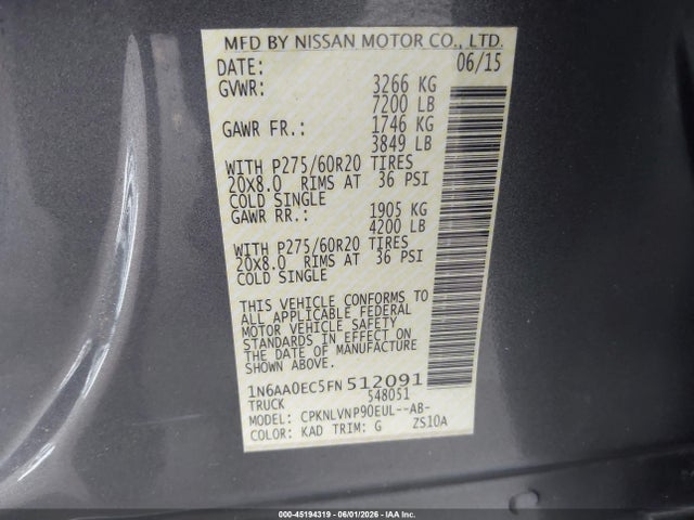 1N6AA0EC5FN512091 Nissan Titan Sl