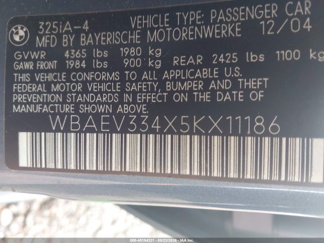 Продаж на аукціоні авто 2005 Bmw 325i, vin: WBAEV334X5KX11186, номер лоту: 45194321