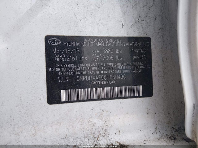 2016 Hyundai Elantra Se მანქანა იყიდება აუქციონზე, vin: 5NPDH4AE9GH660496, აუქციონის ნომერი: 45194322