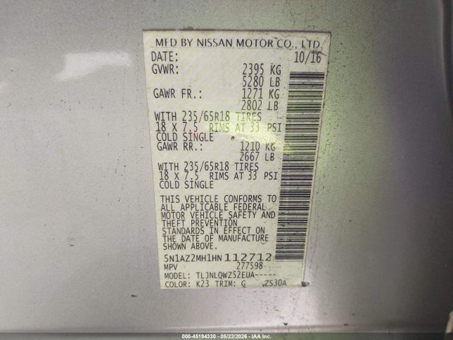 Aukcja sprzedaży 2017 Nissan Murano Sv, vin: 5N1AZ2MH1HN112712, numer aukcji: 45194330