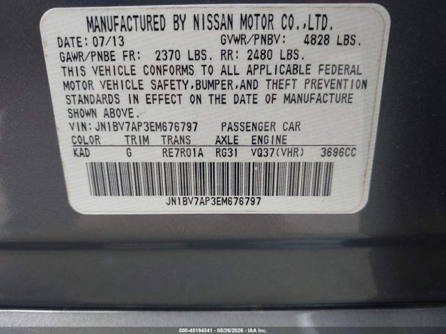 Aukcja sprzedaży 2014 Infiniti Q50 Premium, vin: JN1BV7AP3EM676797, numer aukcji: 45194341