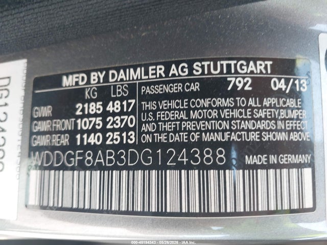 45194343 :رقم المزاد ، WDDGF8AB3DG124388 vin ، 2013 Mercedes-benz C 300 Luxury 4matic مزاد بيع