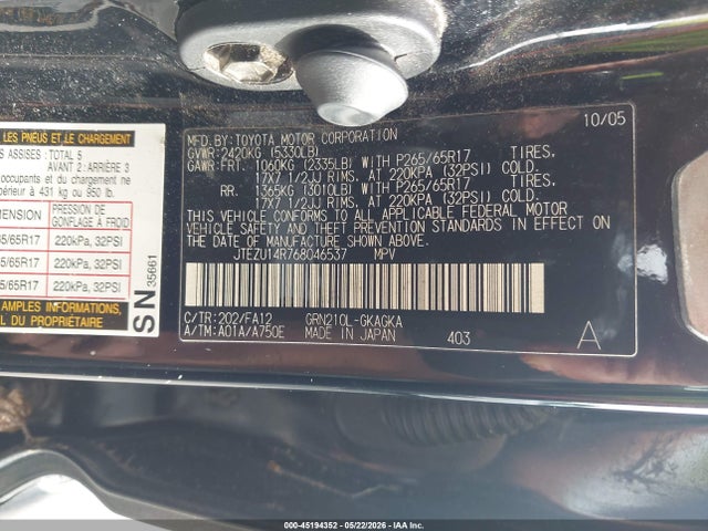 2006 Toyota 4runner Sr5 V6 მანქანა იყიდება აუქციონზე, vin: JTEZU14R768046537, აუქციონის ნომერი: 45194352