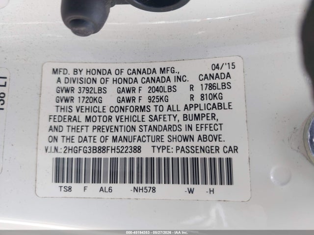 Продажа на аукционе авто 2015 Honda Civic Ex, vin: 2HGFG3B88FH522388, номер лота: 45194353