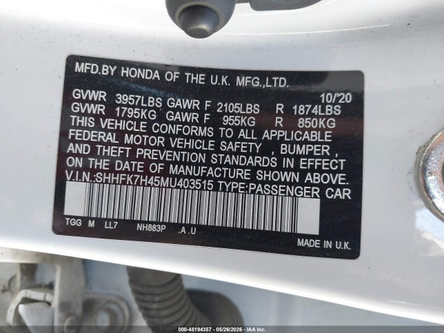 SHHFK7H45MU403515 Honda Civic Sport