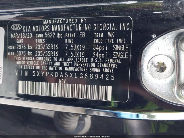 45194361 :رقم المزاد ، 5XYPKDA5XLG689425 vin ، 2020 Kia Sorento 3.3l Sx مزاد بيع