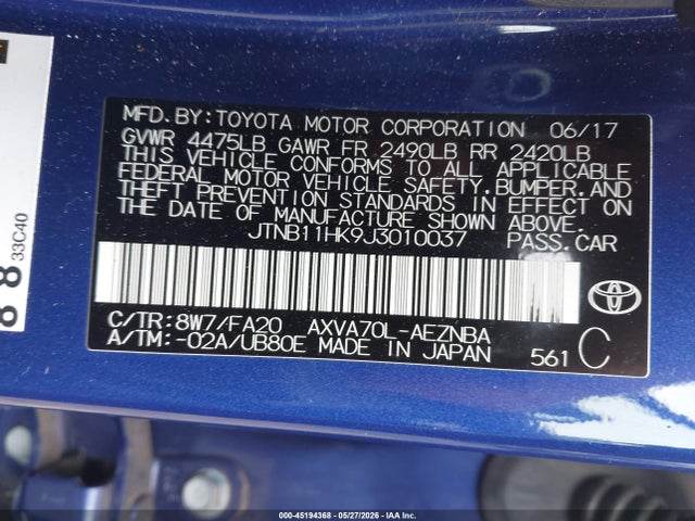 2018 Toyota Camry Le მანქანა იყიდება აუქციონზე, vin: JTNB11HK9J3010037, აუქციონის ნომერი: 45194368