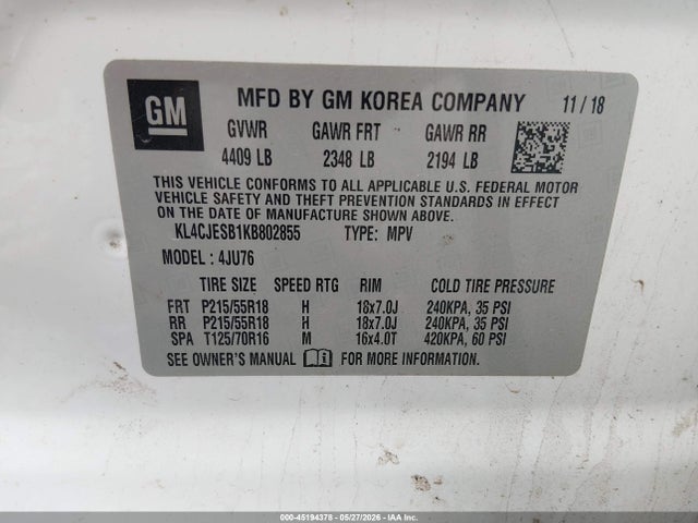 2019 Buick Encore Awd Preferred მანქანა იყიდება აუქციონზე, vin: KL4CJESB1KB802855, აუქციონის ნომერი: 45194378