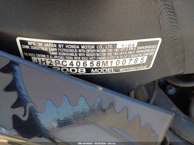 2008 Honda Cbr600 Rr მანქანა იყიდება აუქციონზე, vin: JH2PC40658M100785, აუქციონის ნომერი: 45194384