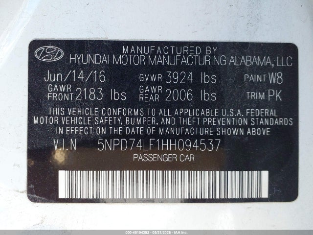 Продажа на аукционе авто 2017 Hyundai Elantra Se, vin: 5NPD74LF1HH094537, номер лота: 45194393