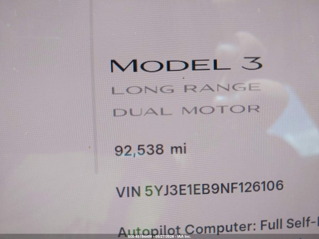 Aukcja sprzedaży 2022 Tesla Model 3 Long Range Dual Motor All-wheel Drive, vin: 5YJ3E1EB9NF126106, numer aukcji: 45194408