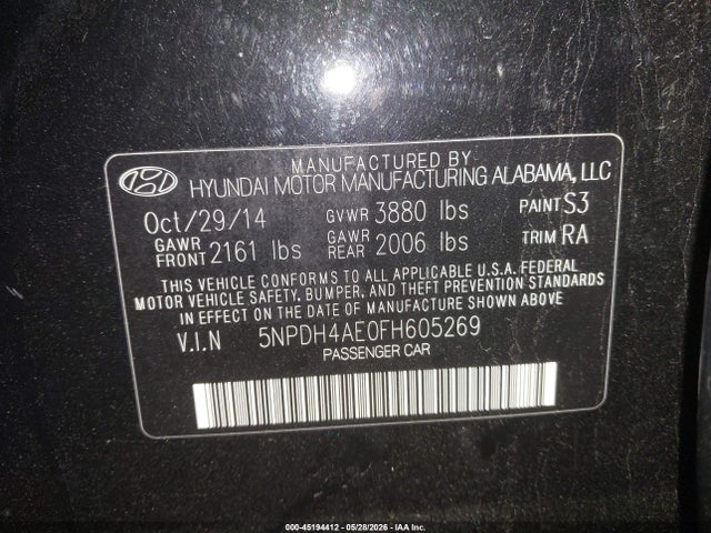 Aukcja sprzedaży 2015 Hyundai Elantra Se/sport/limited, vin: 5NPDH4AE0FH605269, numer aukcji: 45194412