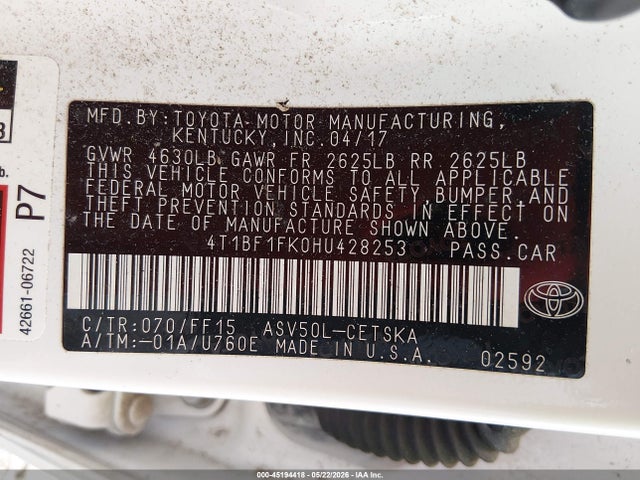 Aukcja sprzedaży 2017 Toyota Camry Se, vin: 4T1BF1FK0HU428253, numer aukcji: 45194418