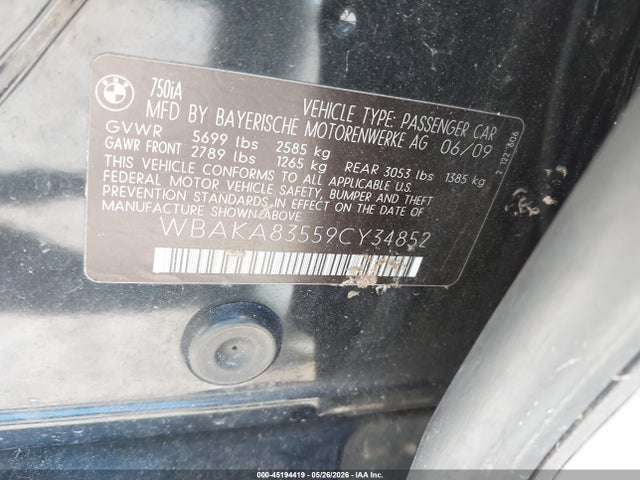 Продаж на аукціоні авто 2009 Bmw 750i, vin: WBAKA83559CY34852, номер лоту: 45194419