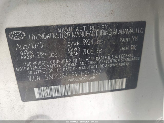 Продаж на аукціоні авто 2018 Hyundai Elantra Sel, vin: 5NPD84LF9JH261262, номер лоту: 45194420