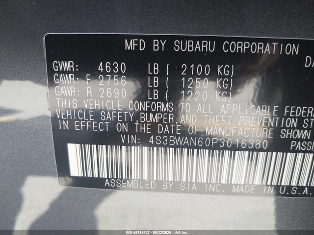 Продаж на аукціоні авто 2023 Subaru Legacy Limited, vin: 4S3BWAN60P3016380, номер лоту: 45194427