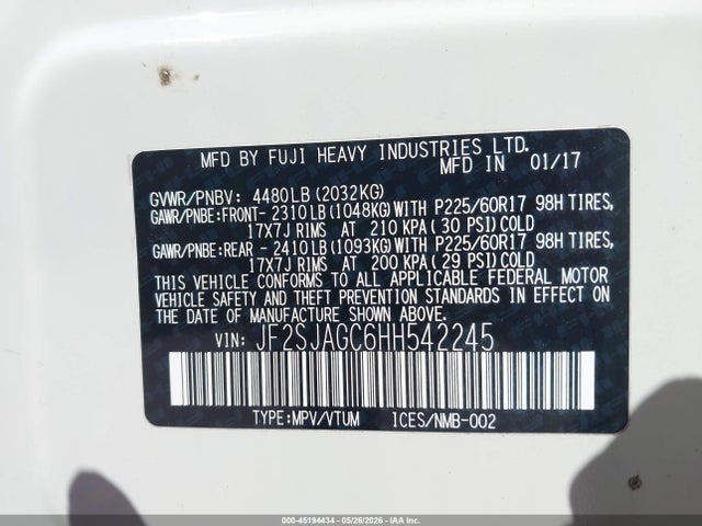 Продаж на аукціоні авто 2017 Subaru Forester 2.5i Premium, vin: JF2SJAGC6HH542245, номер лоту: 45194434