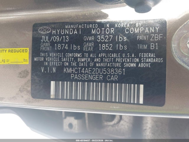 2013 Hyundai Accent Gls მანქანა იყიდება აუქციონზე, vin: KMHCT4AE2DU538361, აუქციონის ნომერი: 45194437