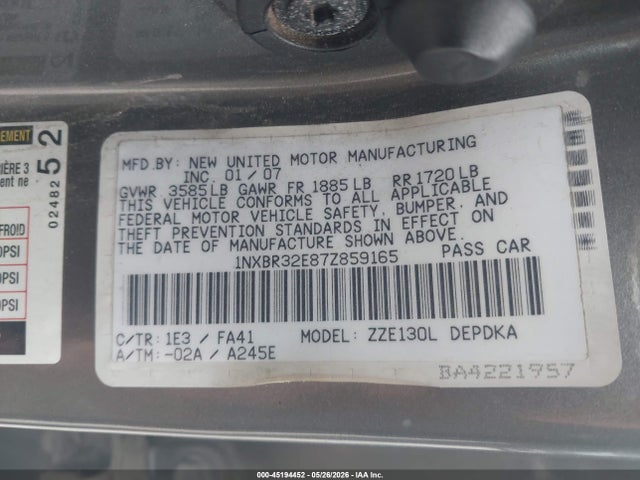 2007 Toyota Corolla Ce მანქანა იყიდება აუქციონზე, vin: 1NXBR32E87Z859165, აუქციონის ნომერი: 45194452
